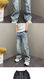 PENDRA Drawstring Elastic Waist Harlan Straight Black Cargo Hombre Jeans