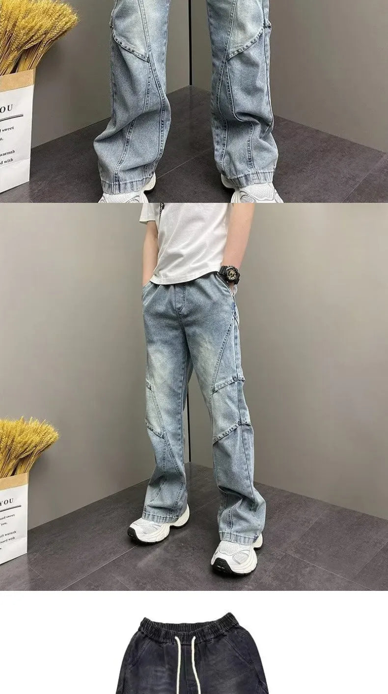 PENDRA Drawstring Elastic Waist Harlan Straight Black Cargo Hombre Jeans
