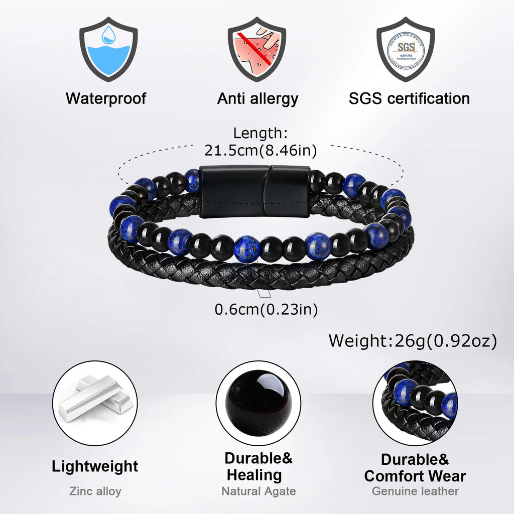 Punk Men Natural Stone Stackable Leather Bracelet,Multilayer Braided PU Wristband with Magnetic Buckle,Punk Casual Jewelry Gift