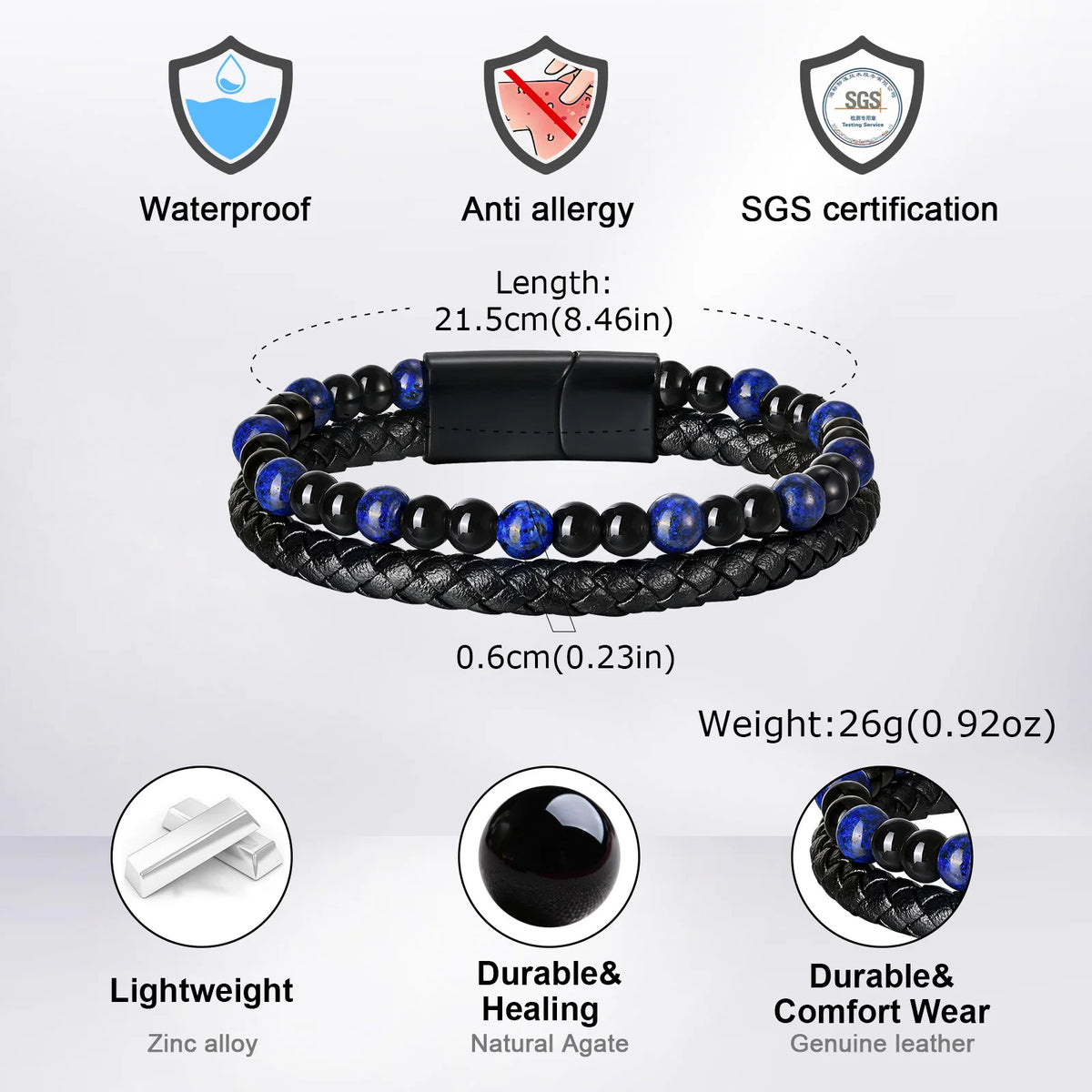 Punk Men Natural Stone Stackable Leather Bracelet,Multilayer Braided PU Wristband with Magnetic Buckle,Punk Casual Jewelry Gift
