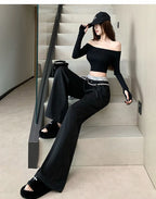 PENDRA Lace Panel High Waist Wide Leg Suit Pants