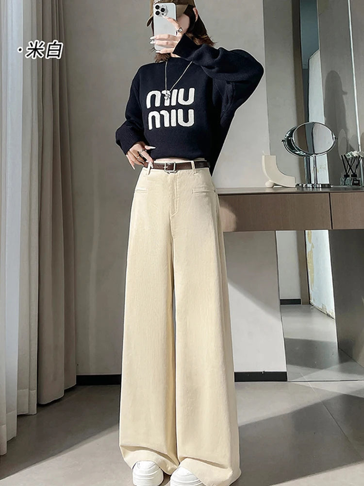Corduroy suit wide leg pants women in autumn and winter high waist lazy style thick velvet warmth and versatile pants