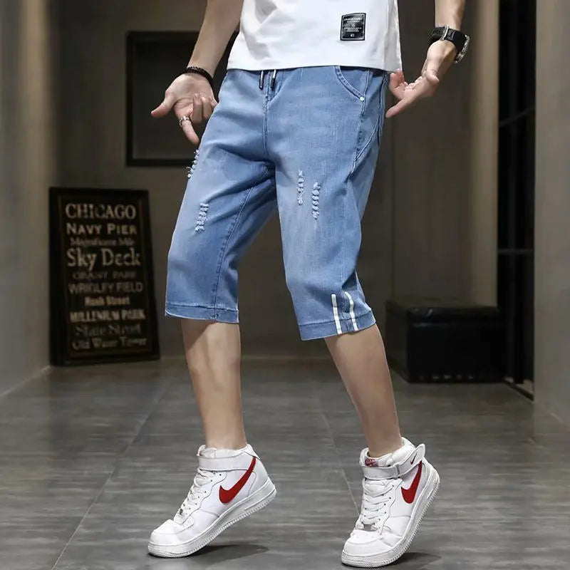 Clothes Y2k Man 2000s Summer Thin Stripe Men's Loose Casual Shorts Korean Denim Luxury  Elastic Waist Knee Pants Black Jeans Man