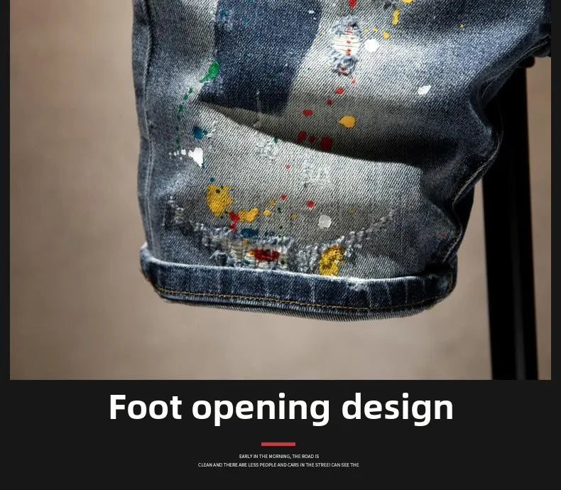 Beggar Ripped Denim Shorts Men's Summer Trendy Brand Ruffian Handsome Ink-splashing Elastic Washed Breeches Thin Short Pants