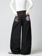 Women's Vintage American-Style Pocket Embroidered Print Loose High-Waist Wide-Leg Jeans Y2K Street Trend Simple Comfortable Everyday Versatile Pants
