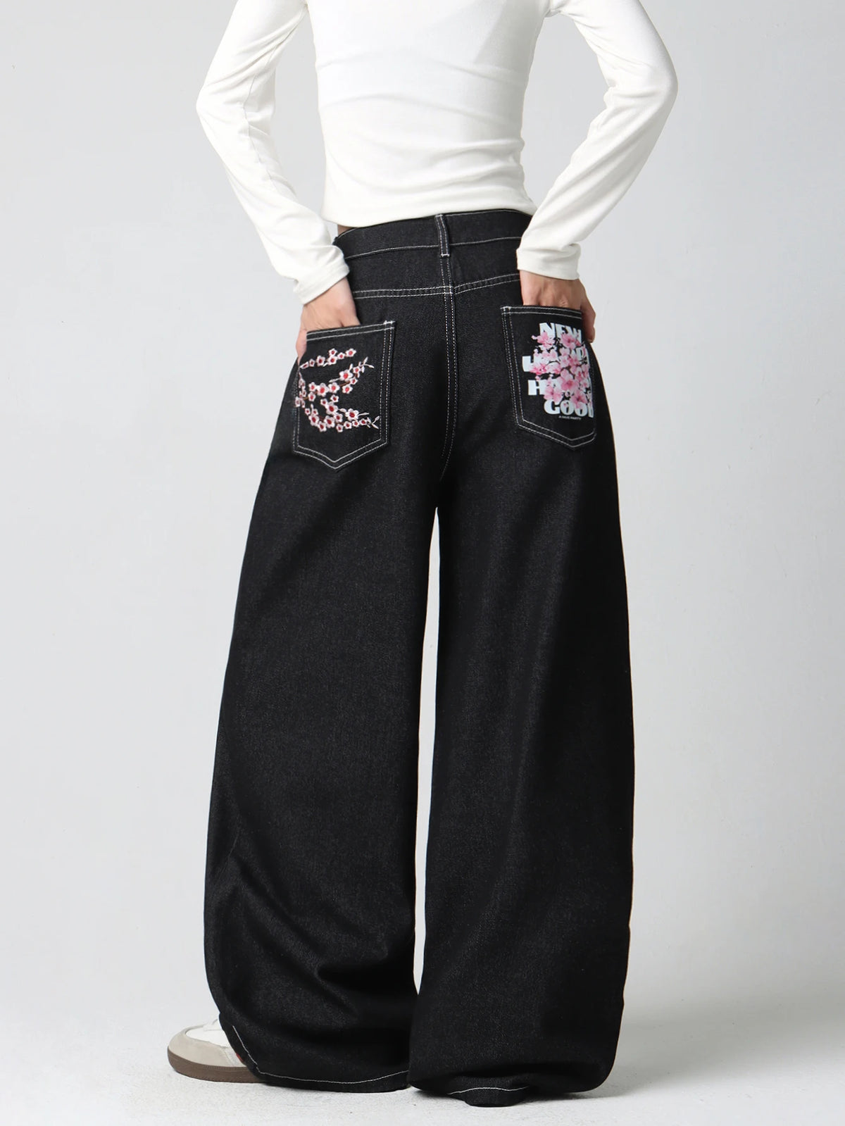 Women's Vintage American-Style Pocket Embroidered Print Loose High-Waist Wide-Leg Jeans Y2K Street Trend Simple Comfortable Everyday Versatile Pants