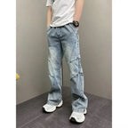 PENDRA Drawstring Elastic Waist Harlan Straight Black Cargo Hombre Jeans