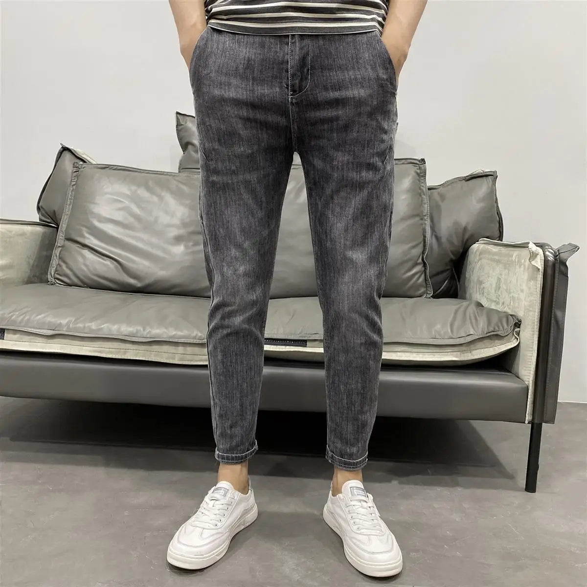 Summer Luxury Korean Style Stretch Grey Men's Slim Trousers Classic Streetwear Casual Designer Cowboy Boyfriend Jeans for Men