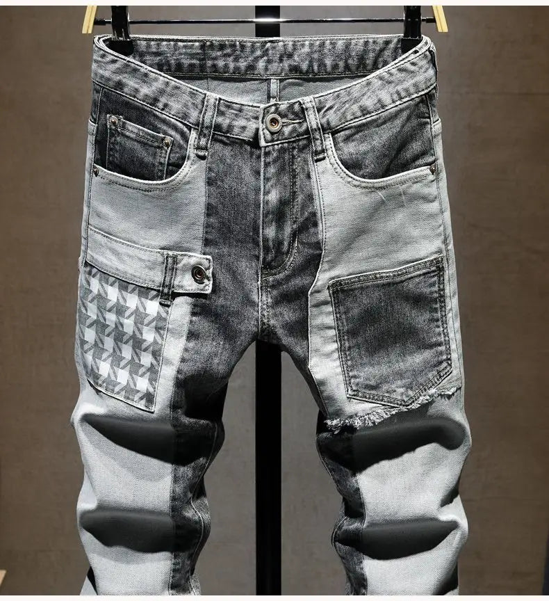 New Arrival High Quality KPOP Splicing Men's Designer Work Pants Jeans Grey Patchwork Korean Fashion Men Luxury Casual Pants