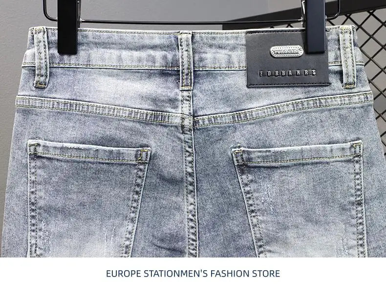 New Kpop Summer Casual Knee Length Men's Jeans Shorts Fashion Embroidered Rabbit Printed Hot Drilled Slim Thin Short Trousers