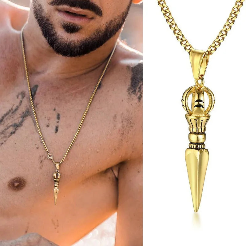 GANDHANRA STAINLESS STEEL TIBETAN BUDDHIST PROTECTION PENDANT VAJRA PATRON SAINT AMULET NECKLACE FOR MEN JEWELRY