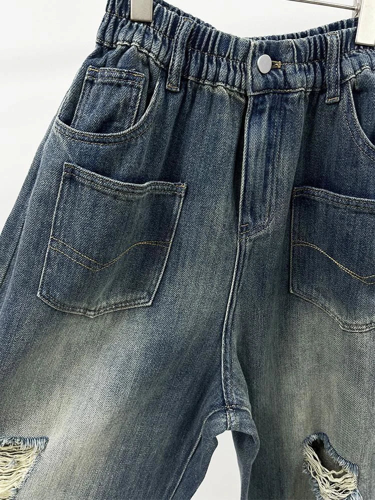 Summer ripped loose denim dad pants women's fashion personality elastic high waisted versatile casual carrot pants trendy