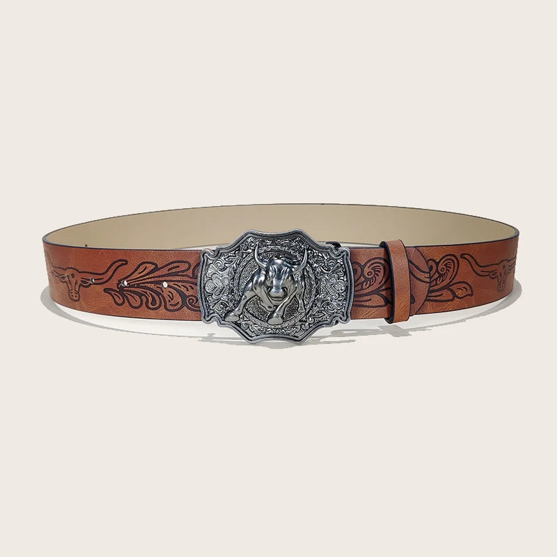 Western Leather Jeans Belts Plus Size Bull Buckle Cowboy Longhorn Bull Pattern Buckle Belt Floral Engraved Buckle Belt for Men