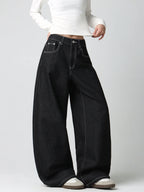 Women's Vintage American-Style Pocket Embroidered Print Loose High-Waist Wide-Leg Jeans Y2K Street Trend Simple Comfortable Everyday Versatile Pants