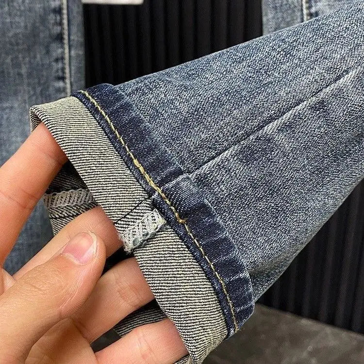 Trendy Brand 2026 Versatile Labeled Jeans for Men Stretch Slim Fit Simple Skinny Pants Trendy Cat Whisker Slimming Cropped Pants