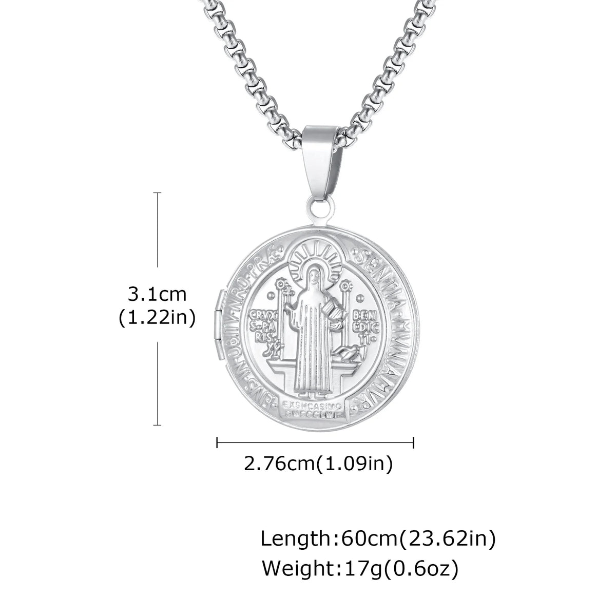 Saint Benedict Necklace for Men Boys,Customized Photo Picture Stainless Steel Round Box Necklaces,Gift to Dad Husband BBF