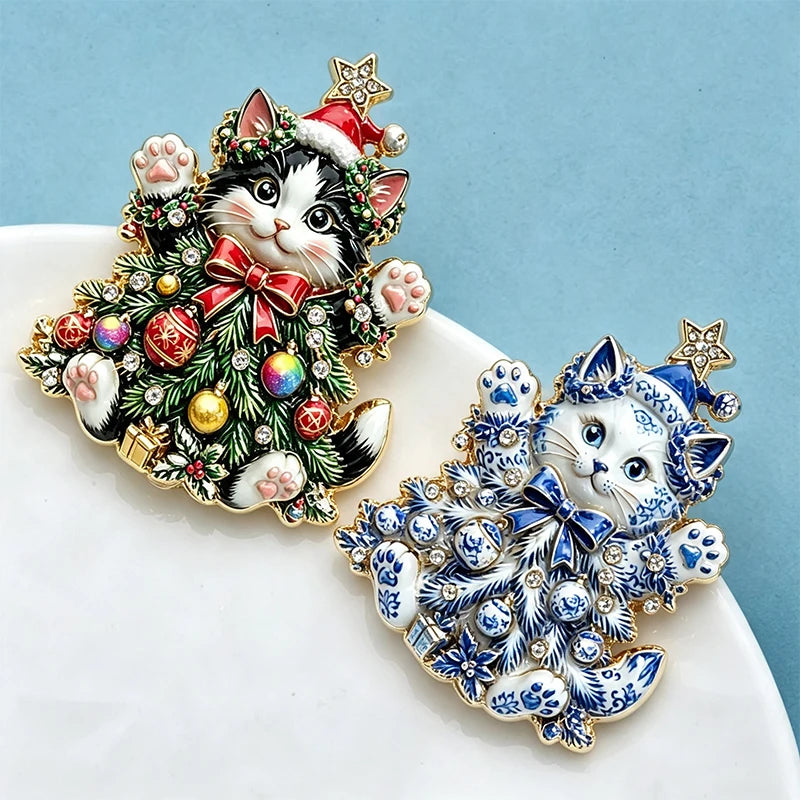 PENDRA Festive Rhinestone Christmas Cat Brooch