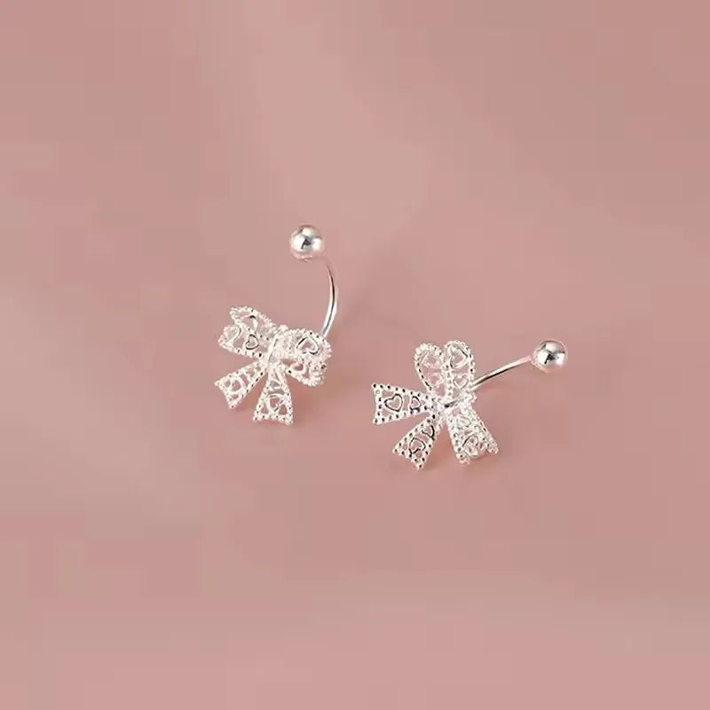 VENTFILLE Real 925 Sterling Silver Lace Heart Hollow Bow Screw Buckle Puncture Stud Earrings for Women Fine Jewelry Accessories
