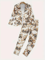 Chain printed leopard print casual two-piece set, double breasted lapel long sleeved suit jacket and high waisted casual pants,autumn women's clothing
