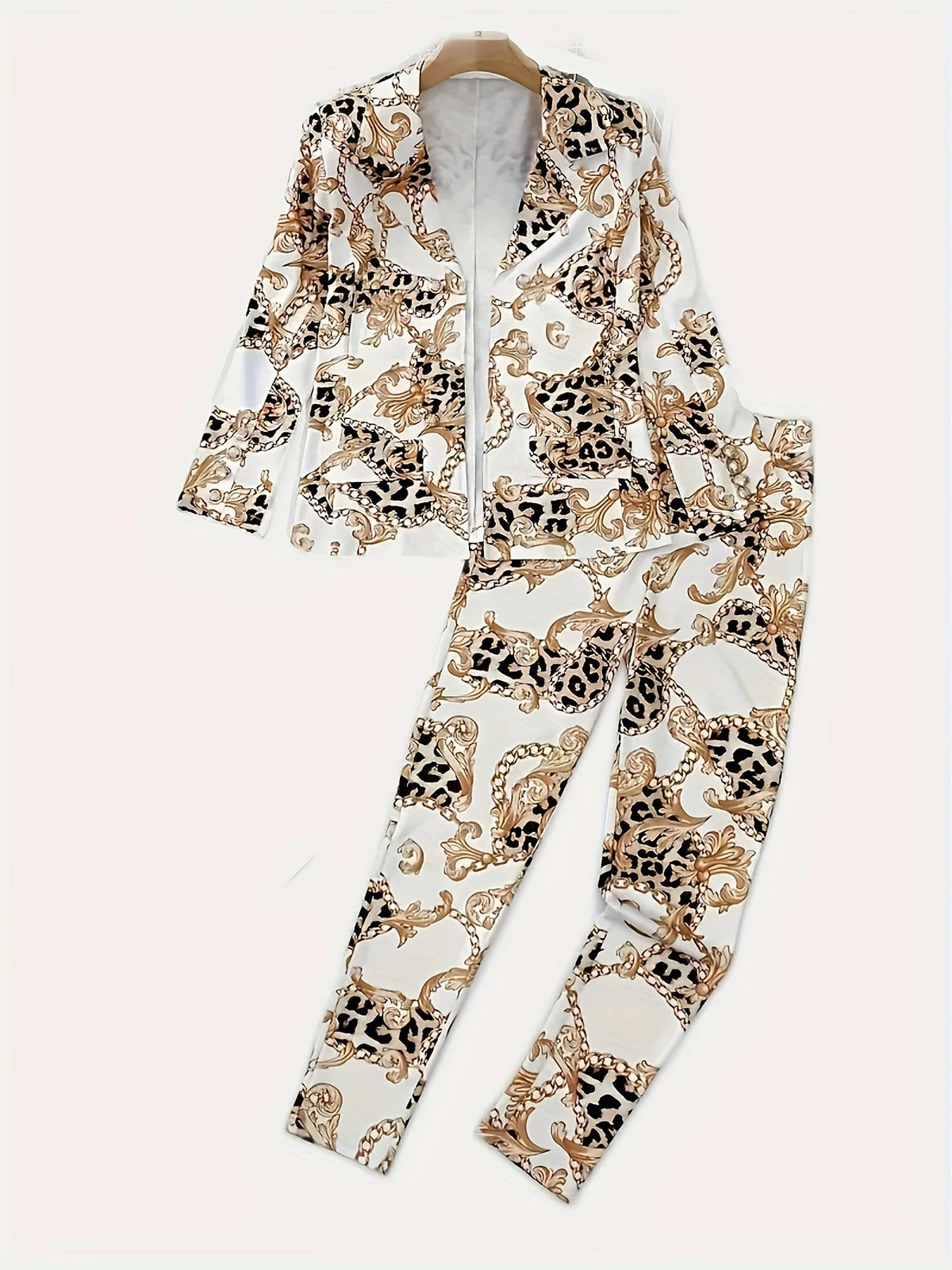 Chain printed leopard print casual two-piece set, double breasted lapel long sleeved suit jacket and high waisted casual pants,autumn women's clothing