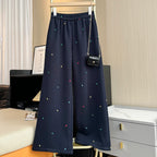 Design sense contrasting color embroidery casual pants women in winter elastic waist straight high waist wide leg pants