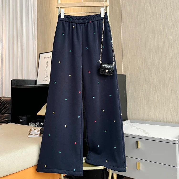 Design sense contrasting color embroidery casual pants women in winter elastic waist straight high waist wide leg pants