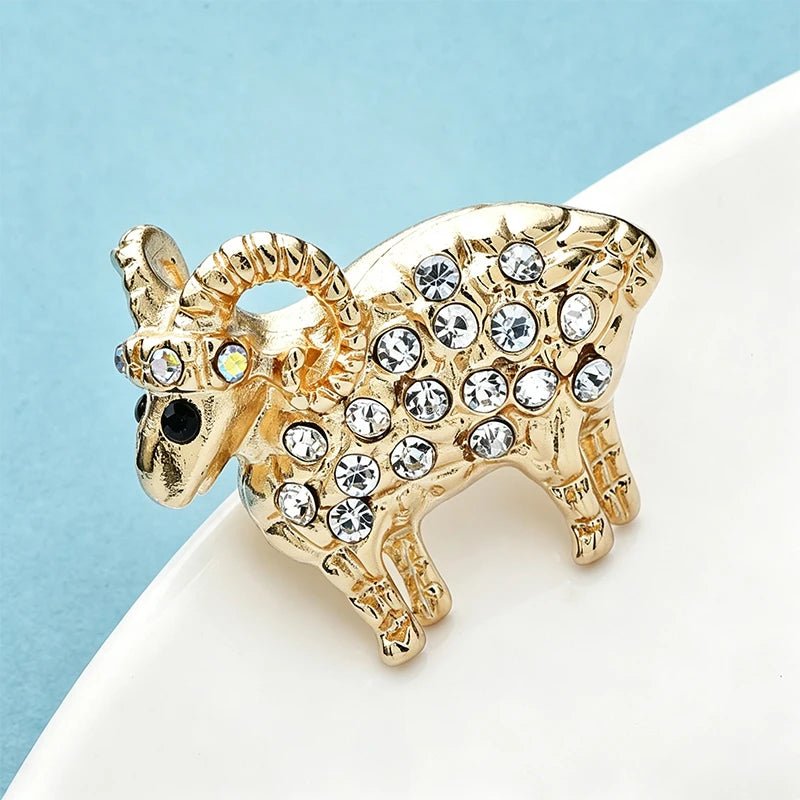 PENDRA Cute Rhinestone Goat Brooch