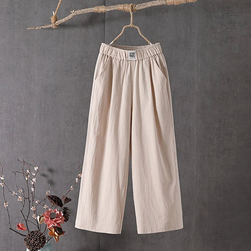 Female 2025 High Quality Loose Trousers Summer Elastic Waist Women's Pants Casual Solid Cotton Linen Ankle Length Pants