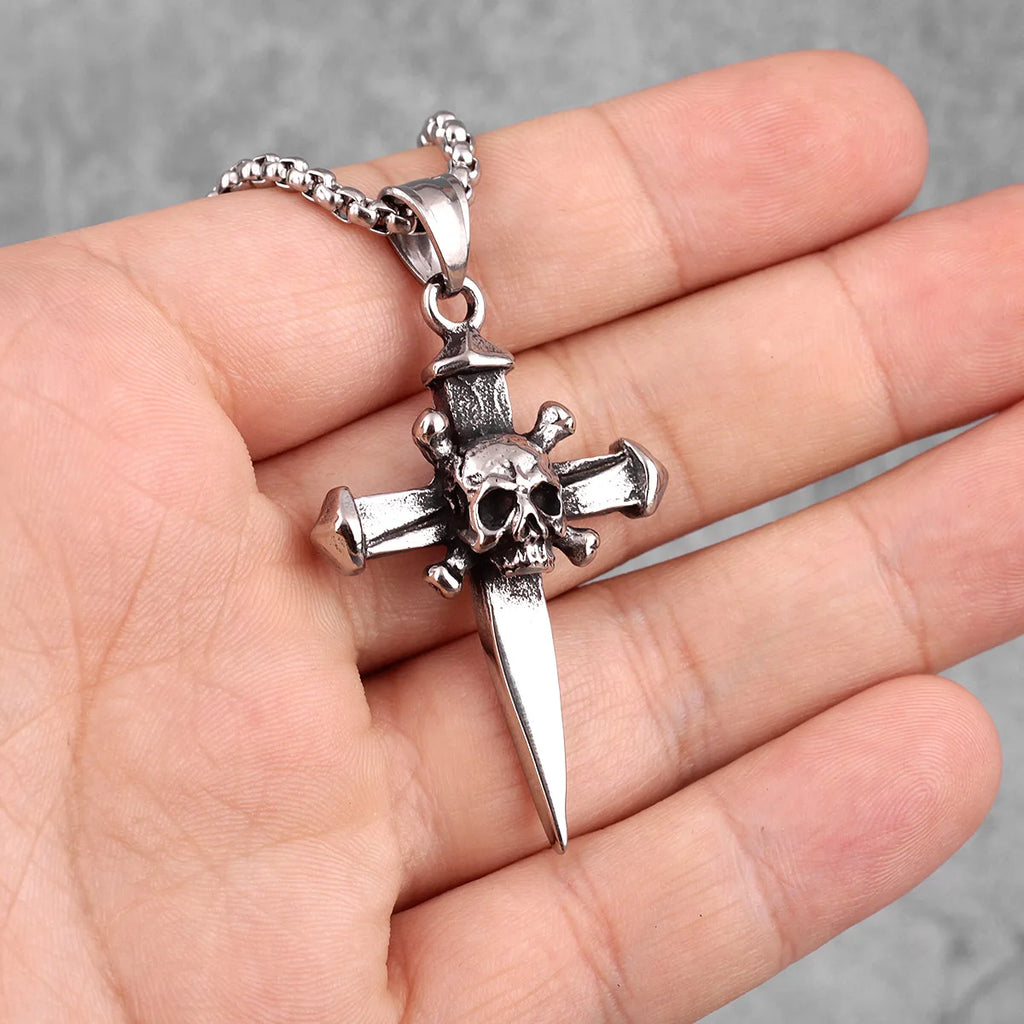 PENDRA Skull Cross Sword Steel Necklace