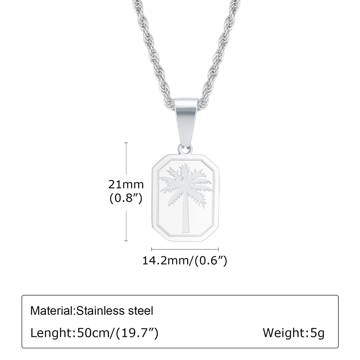 Hawaiian Tree Necklaces for Men,Stainless Steel Palm Trees Square Pendant Necklaces.Chic Stylish Jewelry Gift