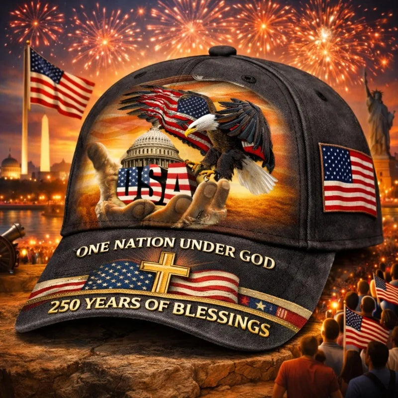 Stirring One Nation Under God Themed Dark Cap with Eagle USA Motifs And 250 Years Of Blessings Design for Highly Significant