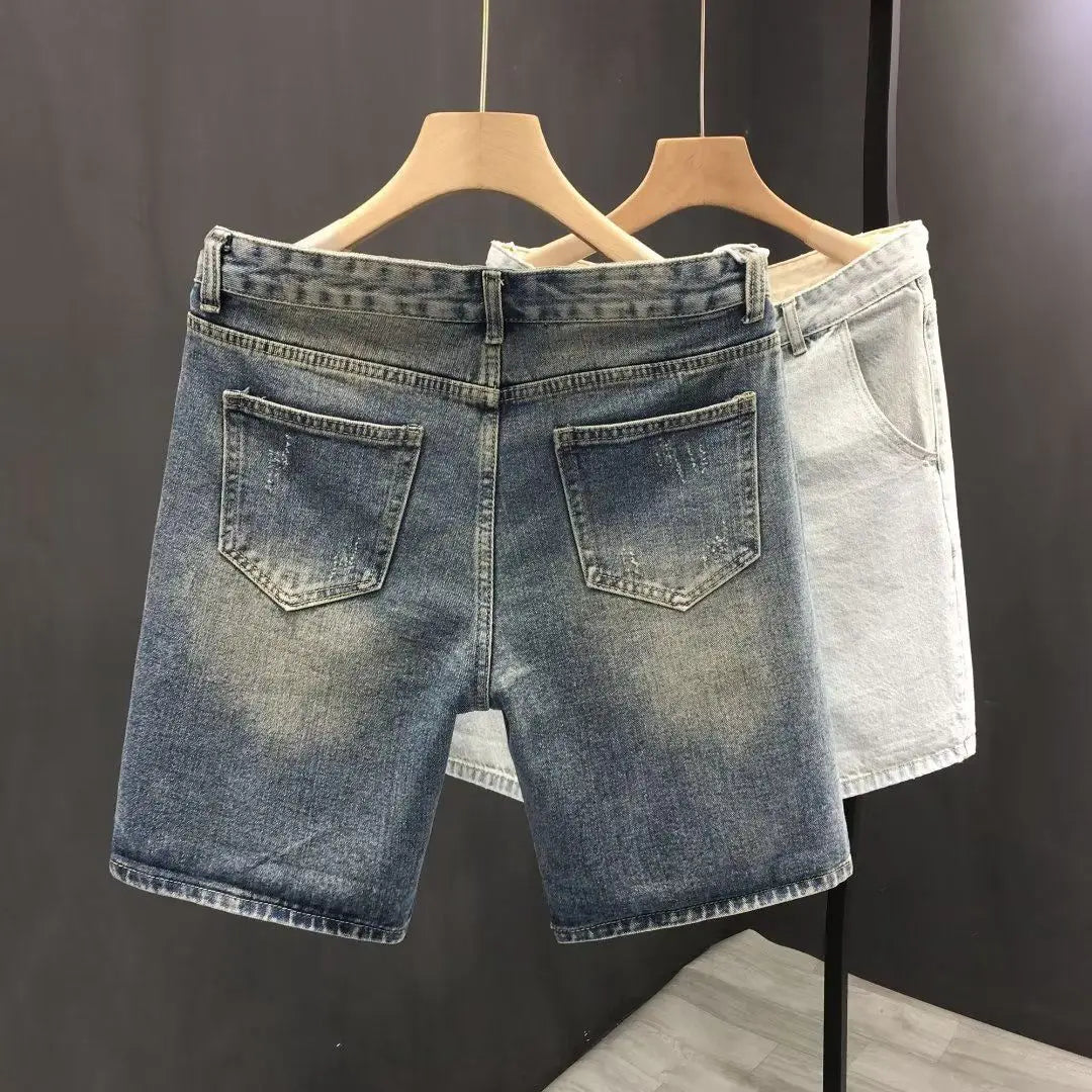 Summer Straight Ripped Shorts Trendy Thin Youth Casual Breeches Men's Fashion Handsome Denim Pants Clothes Man Short Jeans
