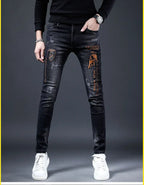 2025 Summer Ripped Jeans Men's Slim-fitting Small Feet Elastic Trousers Trendy Brand Fashion Scratched Patch Cargo Beggar Pants