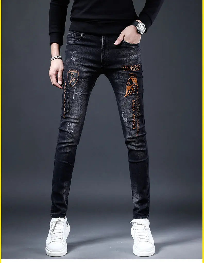 2025 Summer Ripped Jeans Men's Slim-fitting Small Feet Elastic Trousers Trendy Brand Fashion Scratched Patch Cargo Beggar Pants