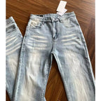 High Quality High Street Bamboo Elastic Light Blue Rear Double Pockets Slightly Pulled Jeans Men's Washed Thin Slim Pants