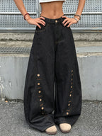 American Retro Buttoned Splicing Design Black Women's Loose Cocoon Jeans Y2K Trendy Street Fashion Versatile Wide-Leg Pants