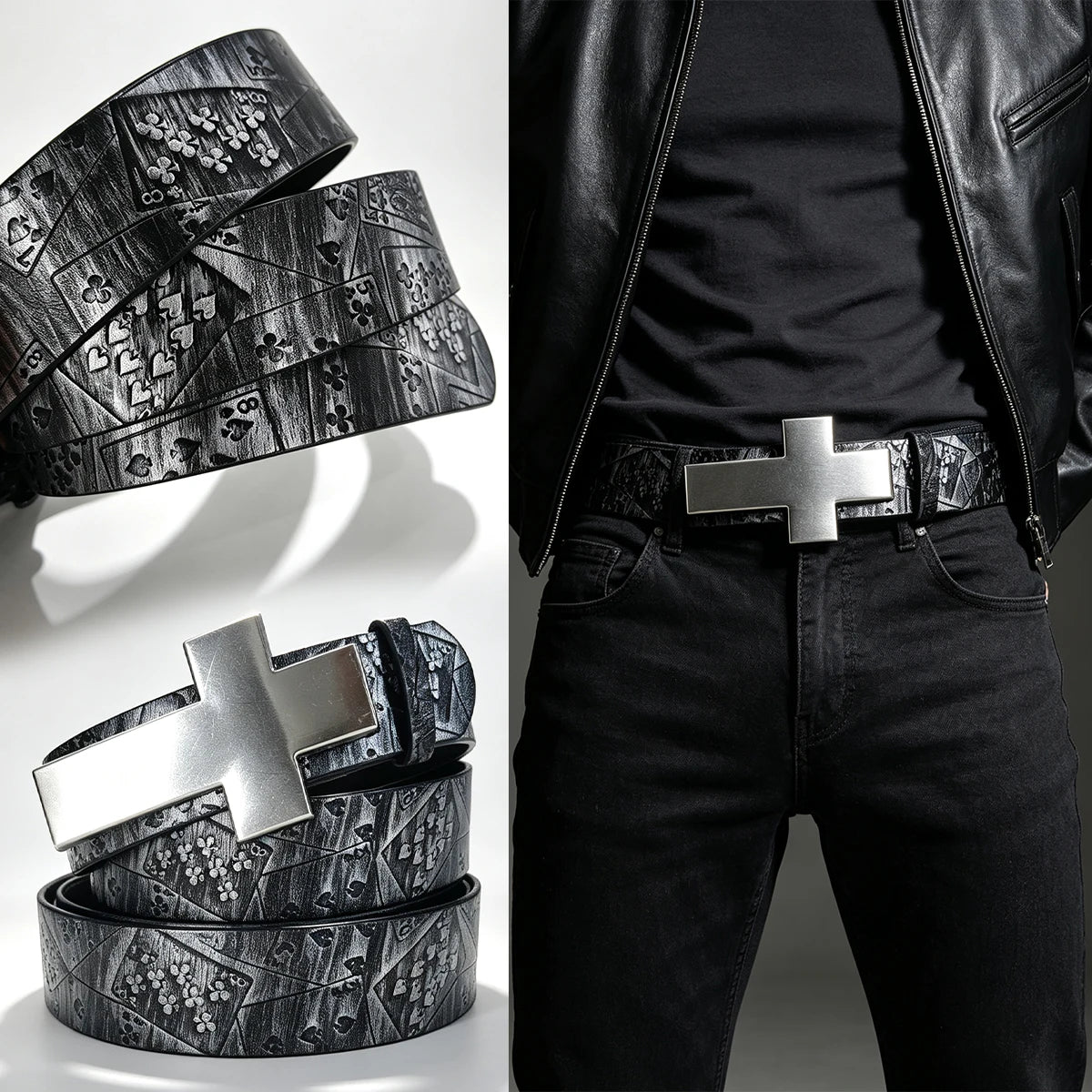 Silver Black Poker Belt For Men and Women Lucky Gamble Poker Metal Buckle Heavy Hip Hop Belt Punk Style Playing Card Street