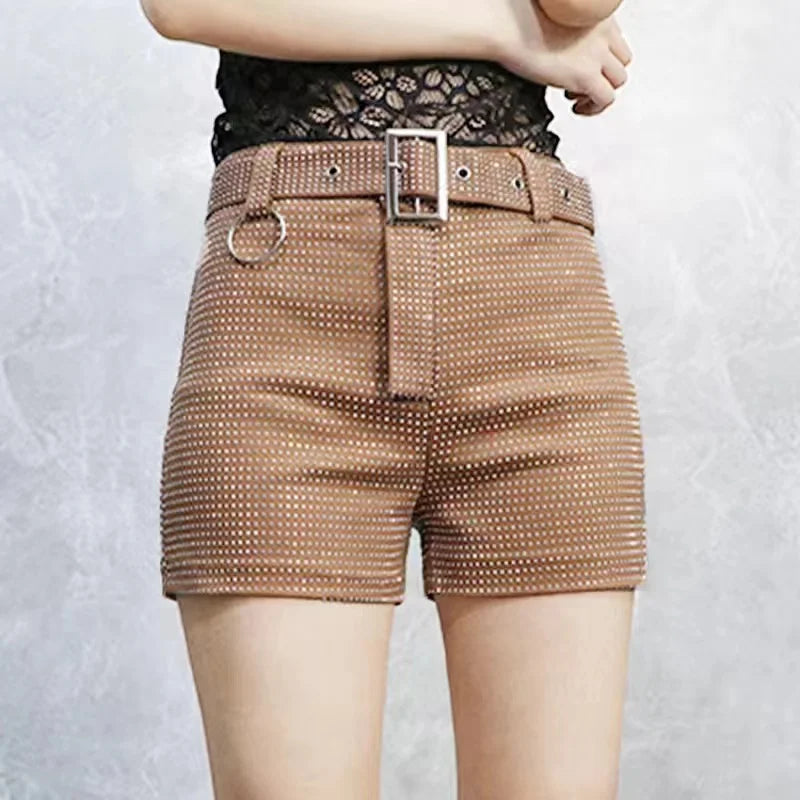 Rhinestone Shorts Women Wide Leg Shorts High Waist Sexy New Fashion Elastic Waist Diamond Casual Hot Pants Female belt