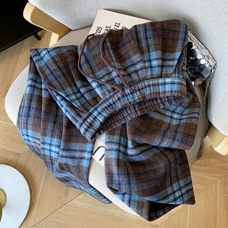 PENDRA Plaid Woolen Elastic Waist Wide Leg Pants