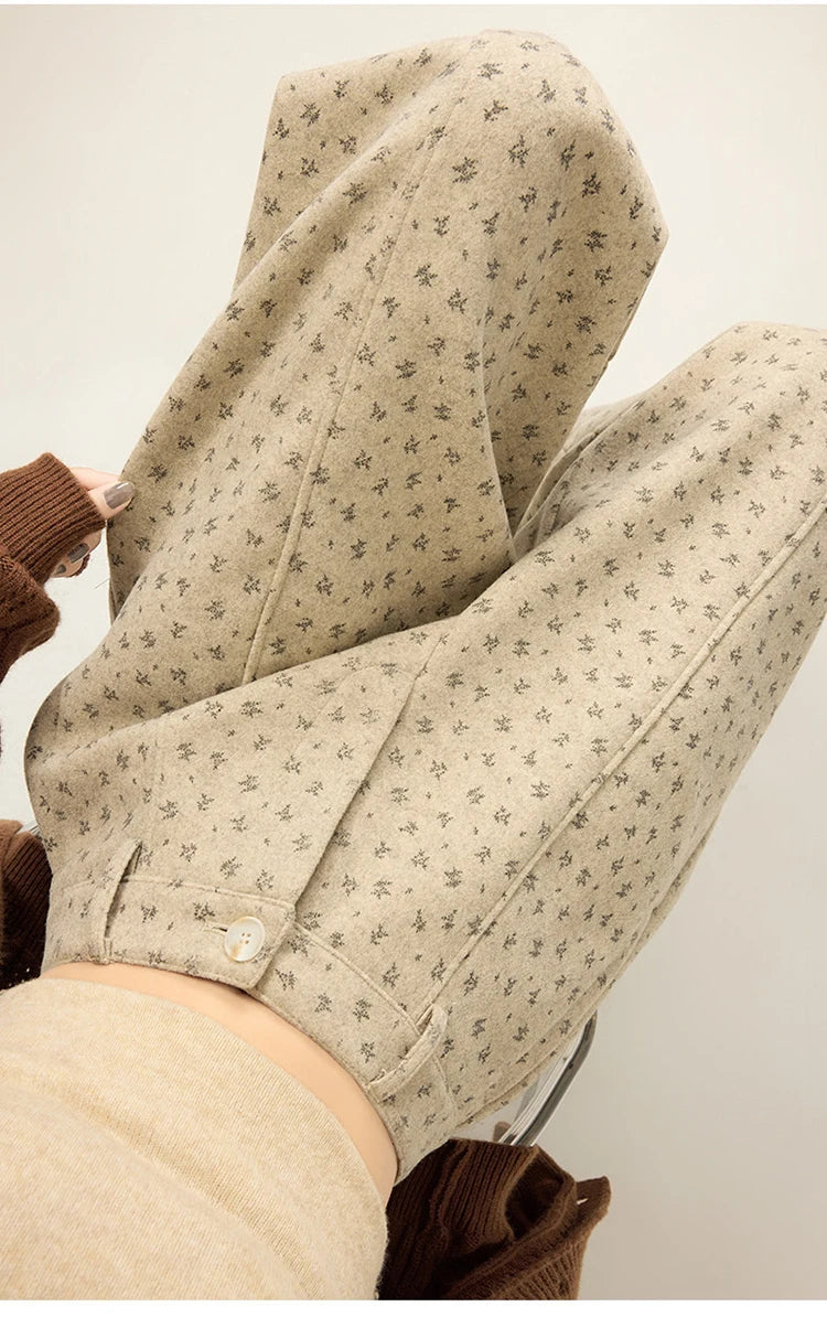 Lazy style floral print woolen suit pants women in winter new loose and versatile casual curved knife wide leg pants