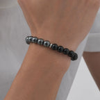 Black Stone Bead Bracelet for Men Boys,Obsidian Tiger Eye Metal Beaded Elastic Wristband,Casual Jewelry Gifts