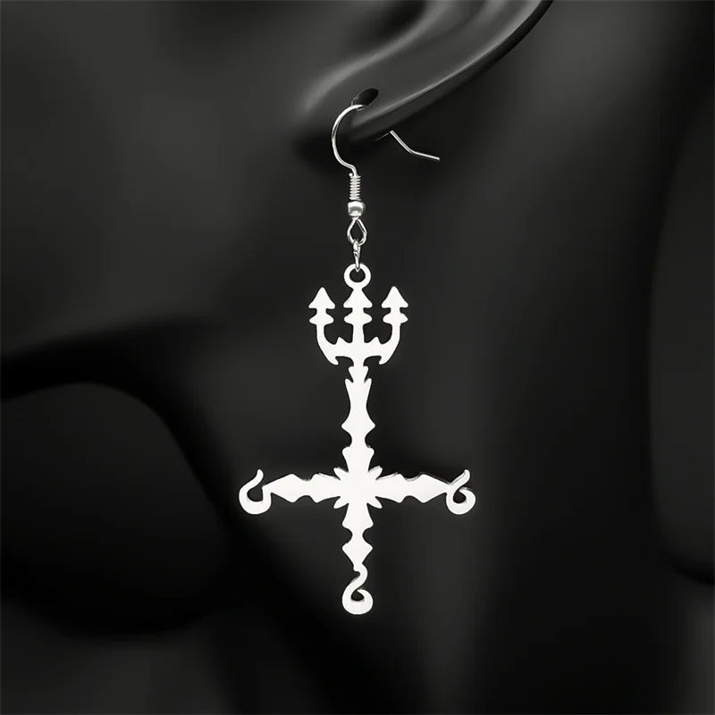 Heavy Metal 666 Music Band Drop Earrings Stainless Steel Black Color Sigil Church of Satan Fork Cross Dangle Earring Jewelry