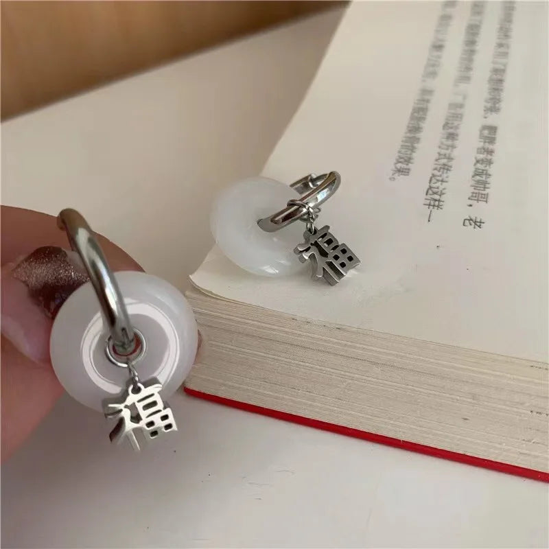 VENTFILLE Unique Green Jade Round Stainless Steel Hoop Earrings For Women Vintage Elegant Earclip Earrings Statement Jewelry