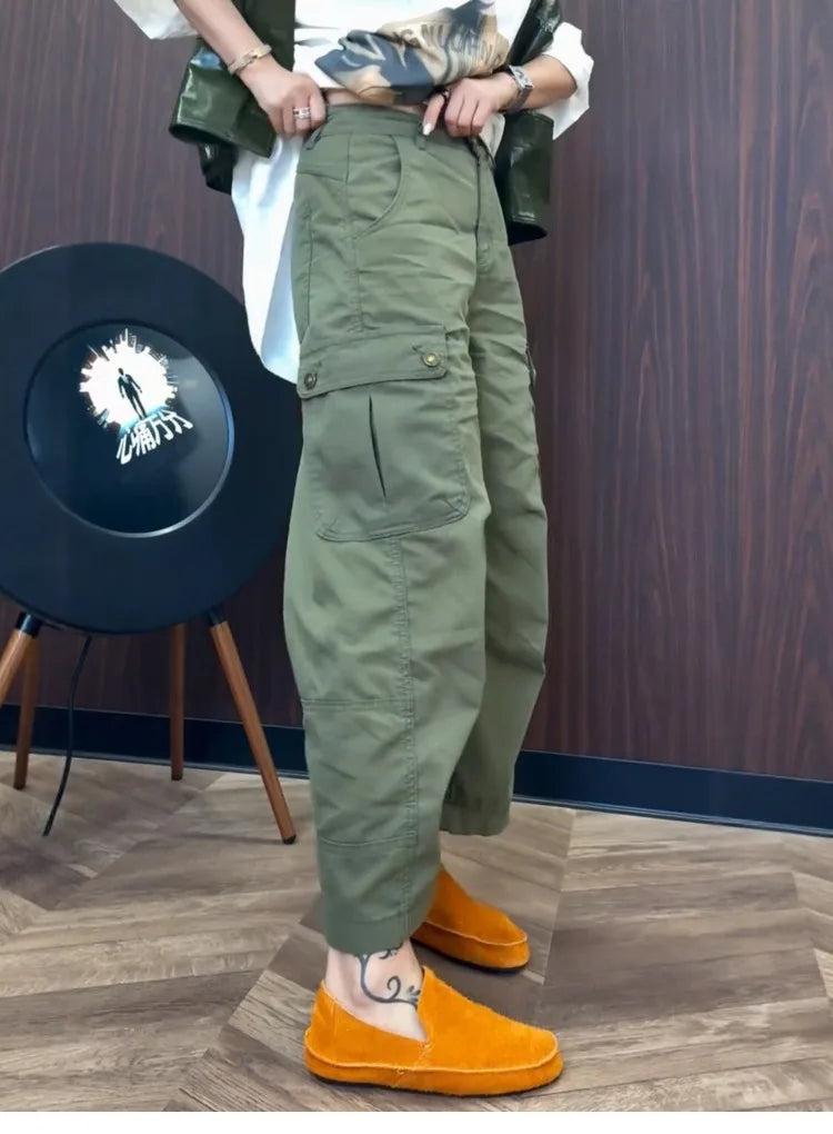 PENDRA Military Green Workwear Wide Leg Pants