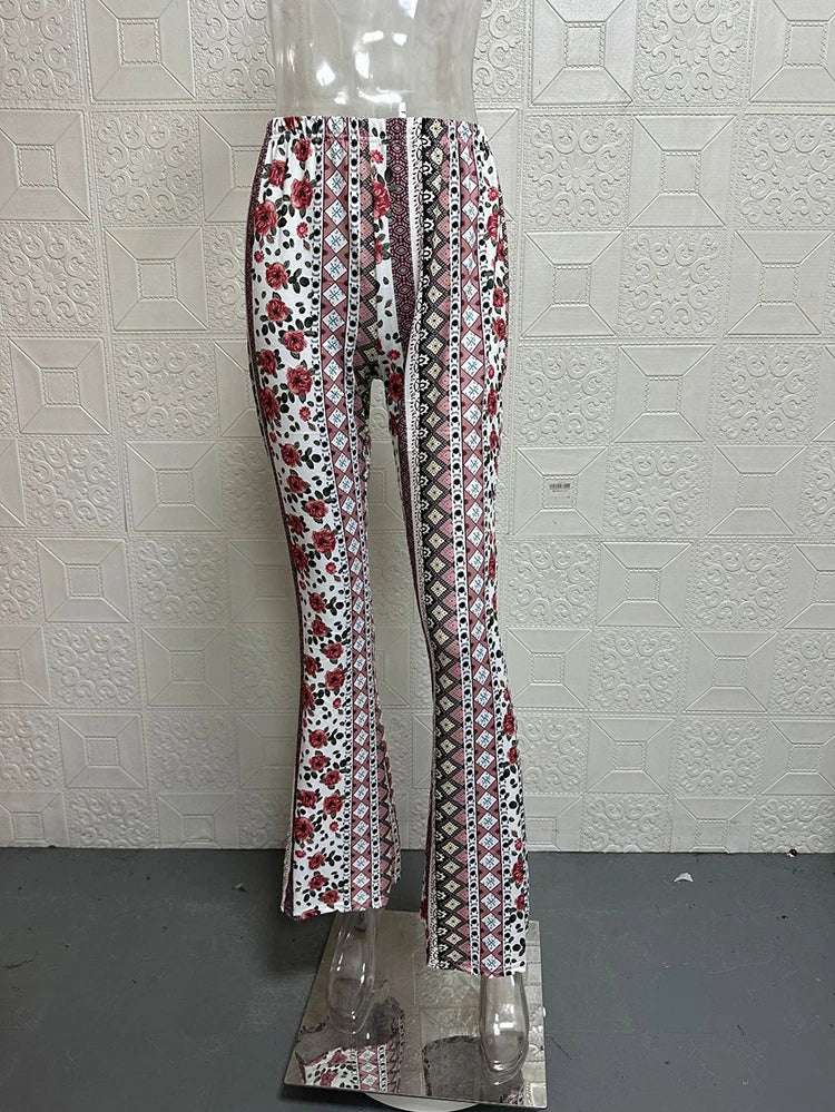 Vintage Boho Spring Floral Print Casual Pants Fashion new high elasticity tight fitting micro flared Yoga Joggers pants