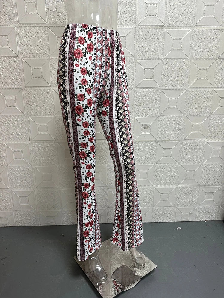 Vintage Boho Spring Floral Print Casual Pants Fashion new high elasticity tight fitting micro flared Yoga Joggers pants