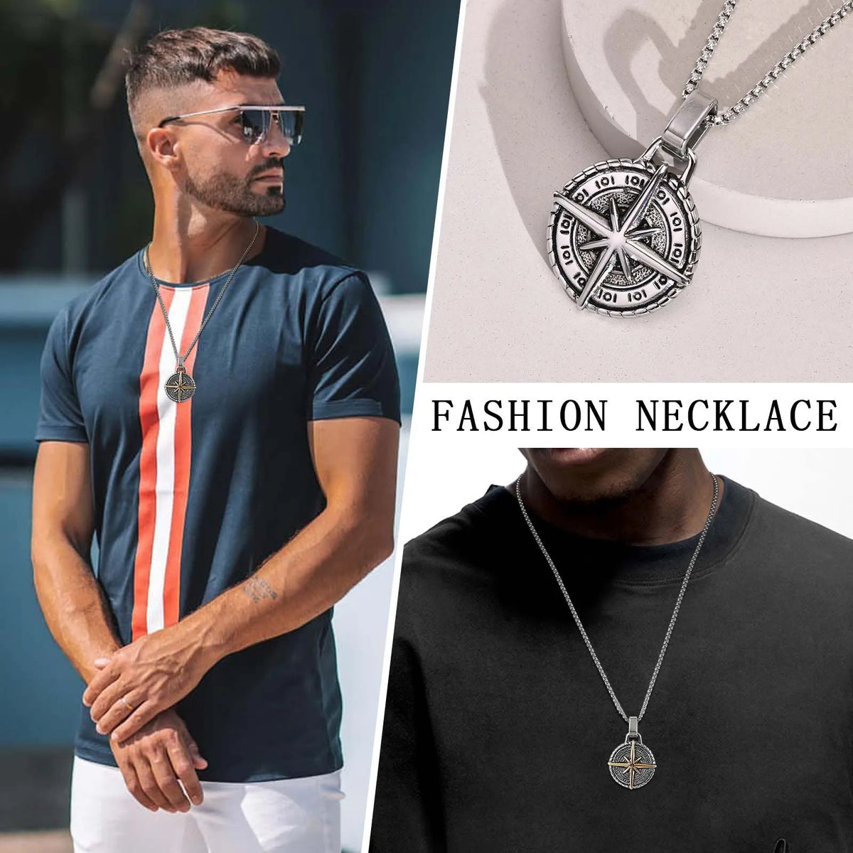 North Star Men Necklace ,Stainless Steel Compass Pendant,Mens Jewelry, Coin Form Handmade Necklace