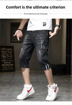 Clothes Y2k Man 2000s Summer Thin Stripe Men's Loose Casual Shorts Korean Denim Luxury  Elastic Waist Knee Pants Black Jeans Man