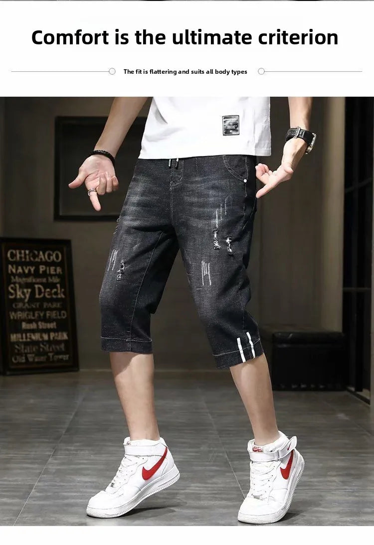 Clothes Y2k Man 2000s Summer Thin Stripe Men's Loose Casual Shorts Korean Denim Luxury  Elastic Waist Knee Pants Black Jeans Man