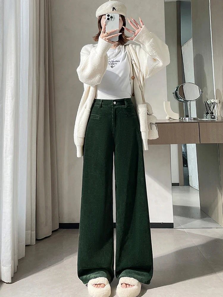 Corduroy suit wide leg pants women in autumn and winter high waist lazy style thick velvet warmth and versatile pants